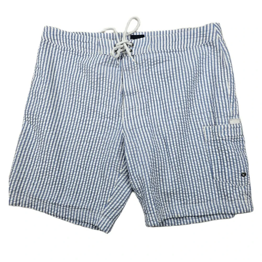 J.‎ Crew Seersucker Swim Trunks Mens 35 Blue White Striped Cargo Board Shorts